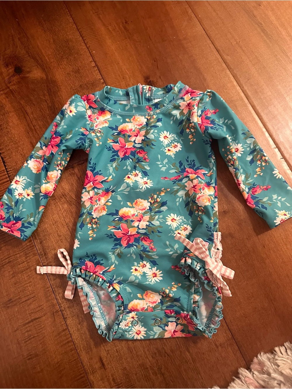 Ruffle Butts Teal Floral Long Sleeve One-Piece Swimsuit